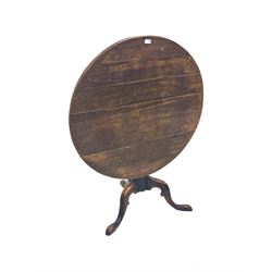 Georgian oak circular tilt top occasional table, raised on turned column and triple splay supports D92cm