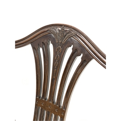 Quality set eight (6+2) early 20th century mahogany dining chairs, shield back with fretwork splats, carved with wheatsheaf and husks, upholstered seats, square tapering supports with spade feet