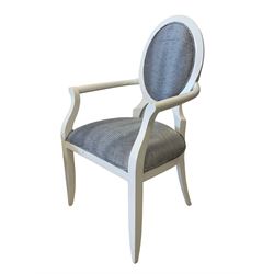 Set eight (6+2) white framed dining chairs, the oval cameo back and seat upholstered in a silver and black snake skin patterned fabric, on tapered supports