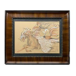 Robert Melville (British 20th century): Druid Warrior Maiden Riding Wild Stallion, pastel and watercolour signed and dated '74, housed in early 20th century mahogany and ebonised frame 36cm x 51cm