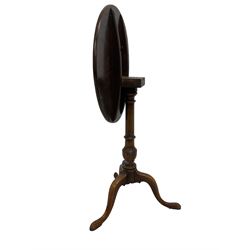 Late George III mahogany circular tilt-top occasional table, turned column support with three splayed cabriole feet