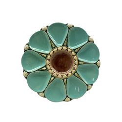 Victorian Minton majolica oyster plate with turquoise shell holders around a centre brown well, Registration mark for 1870 and numbered 1324 D25cm