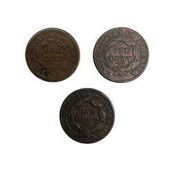 Three United States of America one cent coins, dated 1825, 1830 and 1851 