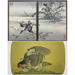 Kōno Baire (Japanese 1844-1895): A Diving Duckling, woodblock print bearing inscriptions together with another similar woodblock print on fabric max 22cm x 31cm (2)