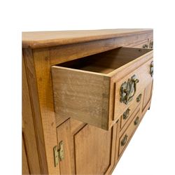 Oak dresser base, rectangular top over six drawers and two cupboards, enclosed by two panelled doors, W154cm, H84cm, D45cm