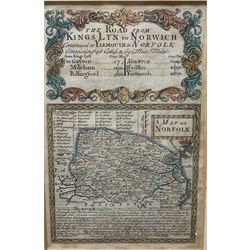 Owen Bowen - 18th century hand coloured map of the road from Kings Lyn to Norwich 19cm x 12cm, folding leather games board inscribed 'Enter' and 'Off', and a 19th century Cantonese pumpkin shape box and cover D10cm