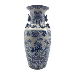 20th century Chinese blue and white floor vase, decorated cherubs in a landscape and Dog of Fo moulded handles, H63cm 