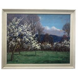 Sir Alfred East RA (British 1849-1913): Blossom, oil on panel signed with monogram 31cm x 40cm