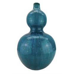  Burmantofts Faience turquoise-glaze vase, of double gourd form, the body incised with flowerheads and floral sprigs, within floral borders, impressed factory marks beneath, model no. 274, H53cm 