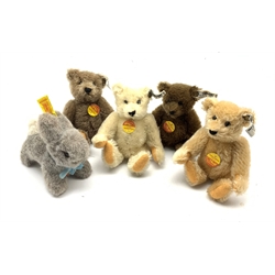 Five miniature Steiff teddy bears and animals to include four bears and rabbit 'Hoppy', all having original paper tags and buttons, H16cm (5)