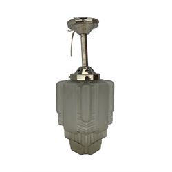 French Art Deco frosted glass architectural form glass pendant light fitting, with faceted chrome fittings, Drop 50cm x W17cm 