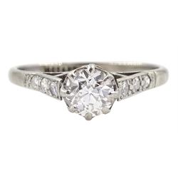 Early-mid 20th century white gold single stone old cut diamond ring, with diamond set shoulders, stamped 18ct Plat, principle diamond approx 0.60 carat