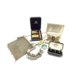 Three gold pearl shirt studs stamped 15ct, approx 2.3gm boxed, silver coins bracelet, white metal and enamel brooch, silver mesh purse stamped 925, cased brass Ever-Ready shaver, gilt metal pendant and dress brooch 