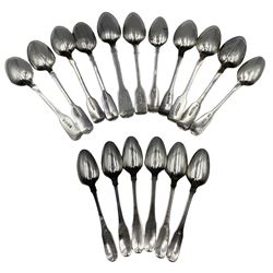 Six early 19th century Irish silver fiddle pattern teaspoon engraved with a crest, possibly Beckford, maker Samuel Neville and eleven other Irish teaspoons, various dates and makers (17)