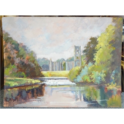  Anne Williams (British 20th century): Fountains Abbey, oil on board unsigned 61cm x 82cm (unframed) Provenance: direct from the artist's family. Anne was a local artist who lived at Malton and later York.   
