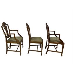 Set eight (6+2) regency design dining chairs, the splat back over drop in seat pad, raised on square tapering supports, terminating in peg feet 