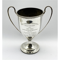 Silver two handled trophy inscribed 'West Somerset Foxhounds Annual Puppy Show 1901' on a pedestal foot H23cm London 1900 15.1oz