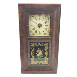 A late 19th century American O.G. shelf/wall clock in a rectangular mahogany veneered case with a deep concave moulding, eight-day weight driven movement, deadbeat escapement and count-wheel striking, manufactured by “ Jerome & Co, New Haven” striking the hours on a coiled steel gong, 9-1/2” square painted metal dial with roman numerals, minute track and matching spandrels, steel Maltese-cross hands, glazed reverse painted tablet beneath depicting flowers within a gilt border, original “New Haven” trade label and instruction pasted to the case backboard.
With weights, key and pendulum. 

