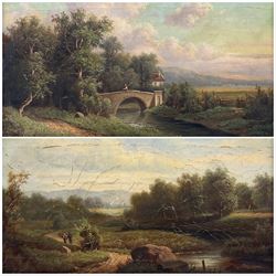 Jules Ernest Devaux (French 1837-1891): Rural Landscape with Bridge and Figures, pair oils on canvas signed and indistinctly dated 25cm x 45cm