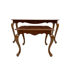 Cherry wood side table, moulded rectangular top over shaped frieze, on cabriole supports (133cm x 44cm, H68cm), and a matching occasional table (69cm x 57cm, H53cm)
