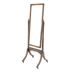 Early 20th century oak framed cheval mirror, rectangular bevelled mirror plate, out splayed supports on castors, W53cm, H160cm
