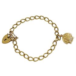 Gold curb link bracelet with heart locket clasp and a shell charm, all hallmarked 9ct, approx 11.05gm