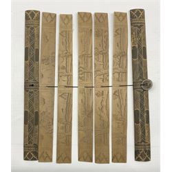 Buddhist palm leaf prayer book illustrated with figures, landscapes and script with decorative wooden boards L33cm