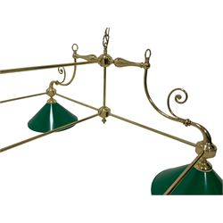 Brass snooker or billiards table suspended ceiling light fitting, rectangular tubular frame fitted with six green finish metal conical shade, with scroll work decoration 