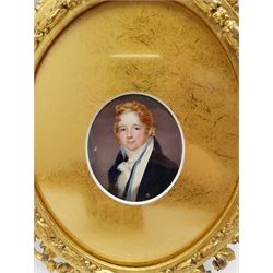 English School (19th century): Portraits of Husband and Wife, pair oval miniatures unsigned 9cm x 7cm in ornate gilt frames; 'Frederick Cornewall MP' (1752-1783), watercolour miniature unsigned 4cm x 3cm; and an Owen & Bowen map of Norfolk 18cm x 12cm (4)
