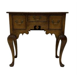 George III design oak lowboy, rectangular top with moulded edge, fitted with three cockbeaded drawers, shaped apron, raised on cabriole supports with pad feet
