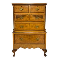 George III design figured walnut chest, crossbanded top with moulded edge, fitted with two short over three long drawers, flanked by canted reeded pilasters, raised on cabriole feet with shell decoration