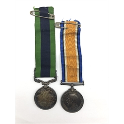 India General Service Medal with Afghanistan NWF 1919 clasp and, 14-18 war medal, to GNR J.T. Auty R.A.  with leather wallet 