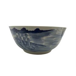 18th/ 19th century Chinese Export blue and white punch bowl, painted with a continuous river landscape with figures and flowers to the interior, D36cm 