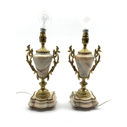  Pair of marble vase column electric table lamps with gilt metal mounts on serpentine bases H30cm excluding fitting   