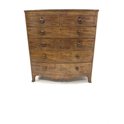 19th century mahogany bow front chest fitted with two short and four long graduated drawers, embellished with inlaid brass, raised on splayed bracket supports, W113cm, H123cm, D53cm