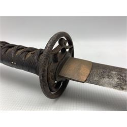 Japanese Wakizashi with 56cm, tang signed, pierced iron tsuba, bound ray skin hilt and lacquered scabbard