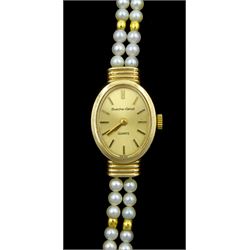 Bueche-Girod 9ct gold ladies quartz wristwatch, on 9ct gold and pearl bracelet, London 1962