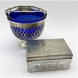 American sterling sugar basket with blue glass liner by Frank Whiting & Co., Victorian glass dressing table box with silver cover London 1859 Maker James Vickery, pair of George IV silver sugar tongs and a small American pepperette by Gorham