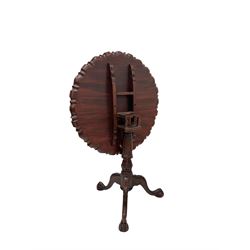 Georgian style mahogany finish tripod table, the scalloped pie crust tilt-top on birdcage, turned and fluted column carved with acanthus leaves, three splayed supports with ball and claw feet