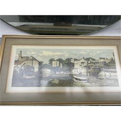 Railway interest: Oval mirror plate etched LNER, a rectangular mirror plate etched BR (E) and another etched with the British Rail Double Arrow, a B.R. (E) leather bound tape measure and a framed carriage print of The River Ouse, York after Gyrth Russell 