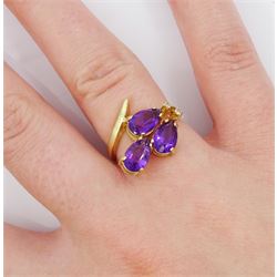 14ct gold pear cut amethyst and round brilliant cut diamond ring, stamped