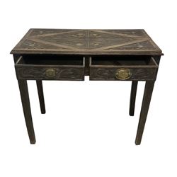 18th century oak side table with later carved decoration, rectangular top with carved lozenge and foliate decoration, fitted with two drawers, on square tapering supports with carved leafage and inner chamfer