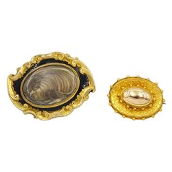 Victorian Etruscan revival gold brooch, with glazed back and one other Victorian gold enamel and hairwork memorial brooch