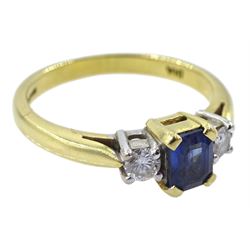 18ct gold three stone emerald cut sapphire and round brilliant cut diamond ring, hallmarked