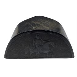 19th century French pressed horn snuff box in the form of a bicorn hat, the hinged lid depicting Napoleon of horseback, W8.5cm