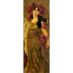 R Lee (European School early 20th century): Spanish Maiden in the style of Alphonse Mucha, oil on canvas signed 95cm x 35cm