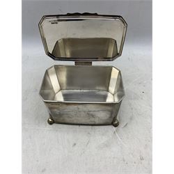 Silver tea caddy of rectangular form with hinged lid, gadrooned border and stepped feet W16cm Sheffield 1946 Maker Frank Cobb & Co 25oz