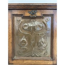 Arts & Crafts period oak coal box, the fall front with copper panel embossed with tulip flowers 