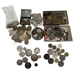 Great British and World coins, including George III 1819 halfcrown, four pre 1947 silver florins / two shillings, King George VI 1950 penny, other pre-decimal coinage, France 1873 five francs, Switzerland 1923 five francs etc