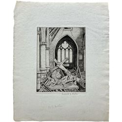 Frederick George Austin (British 1902-1990): Ruined Church Interior with Crucifix and Knight Tombstone, drypoint etching signed in pencil, dated 1943 in the plate 16cm x 13cm (unframed)
Provenance: direct from the granddaughter of the artist